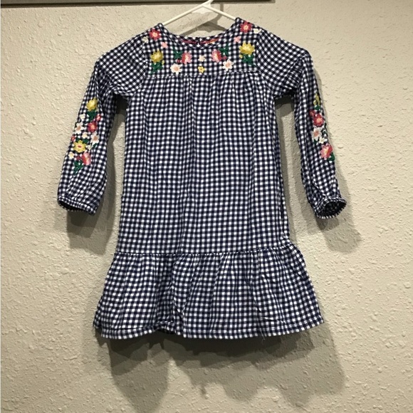 Mini Boden Girls 5-6Y Blue Gingham Embroidered Floral Long Sleeve Dress Ruffle - Picture 1 of 5